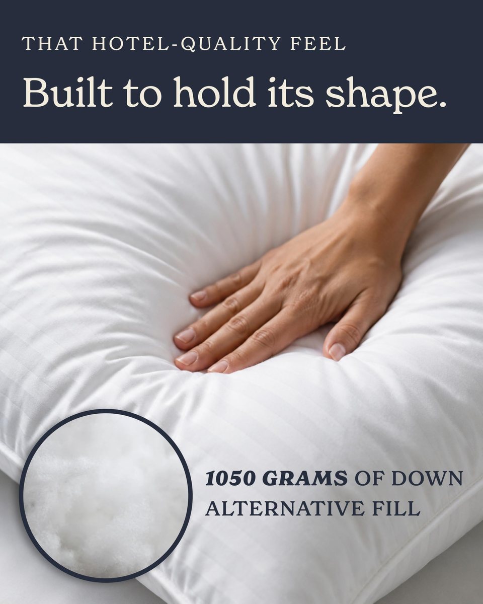 Hand pressing a white striped pillow beside a close-up of down-alternative fill.