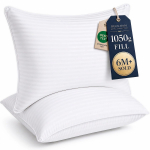 Two white Beckham Hotel Collection Original Soft Down Alternative pillows with striped covers.