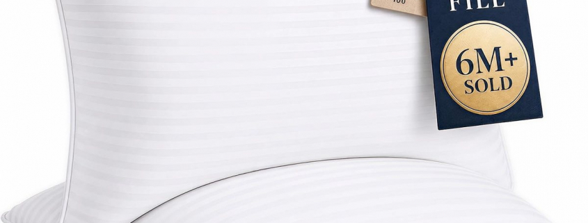 Two white Beckham Hotel Collection Original Soft Down Alternative pillows with striped covers.